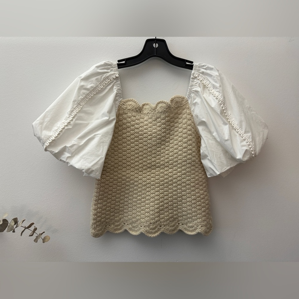 Sea New York Sweater Beige and White Puff Sleeve Crop Top NWT - Picture 3 of 6